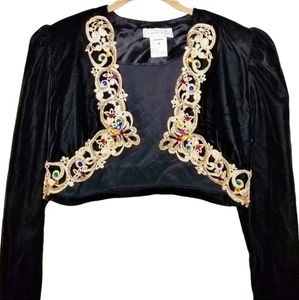 Vintage Scott McClintock Cropped Velvet Bejeweled Gold Trimmed Bolero Jacket